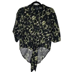 Karl Lagerfeld Paris Blouse S Green Camo Tie Front Button Edgy Streetwear Top